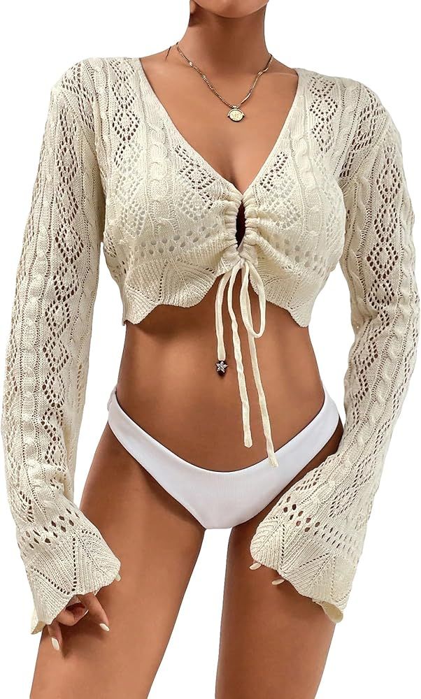WDIRARA Women's Hollow Out Drawstring Front Flare Long Sleeve Crochet Knit Beach Cover Up Crop To... | Amazon (US)