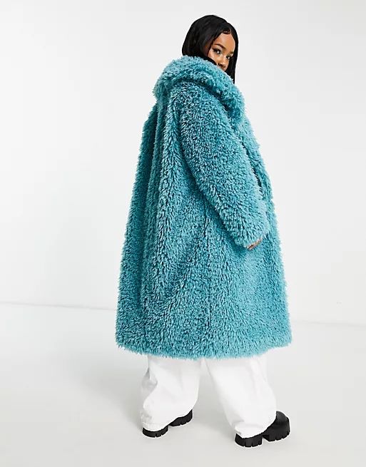ASOS DESIGN Petite faux fur maxi coat in blue | ASOS (Global)