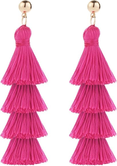 Tassel Earrings Handmade Tiered Thread Tassel Dangle Earrings, Multi Colors | Amazon (US)