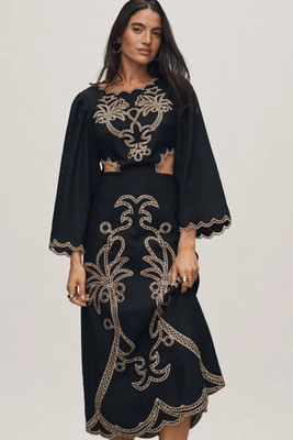 Farm Rio x Anthropologie Long-Sleeve Cutout Embroidered Midi Dress | Anthropologie (US)