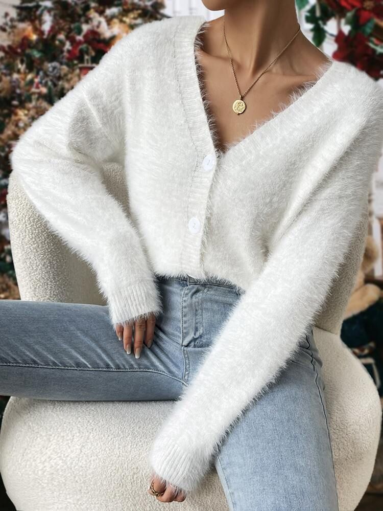 Drop Shoulder Fluffy Knit Cardigan | SHEIN