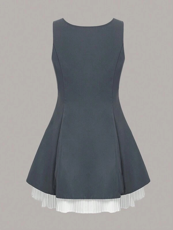 SHEINNeu Button Front Flap Detail Contrast Pleated Hem Dress | SHEIN