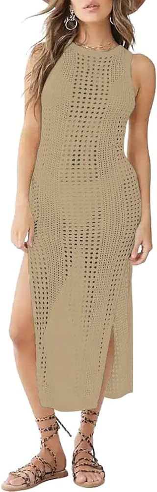 Bsubseach Crochet Cover Ups for Women Hollow Out Sleeveless Bikini Swimsuit Swimwear Side Split L... | Amazon (US)