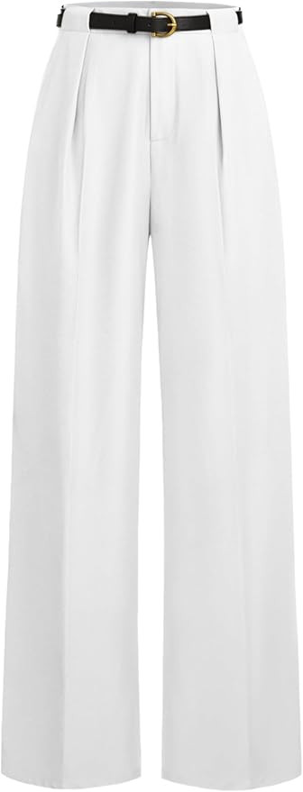 Mid Waist Solid Pocket Straight Leg Trousers with Belt | Amazon (US)