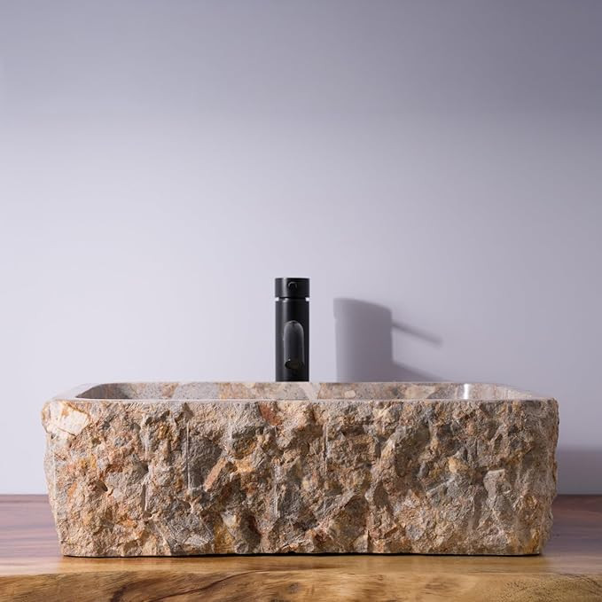 Hand-Carved from Solid Marble Vessel Sink – Rectangular Stone Sink with Raw Chiseled Exterior &... | Amazon (US)