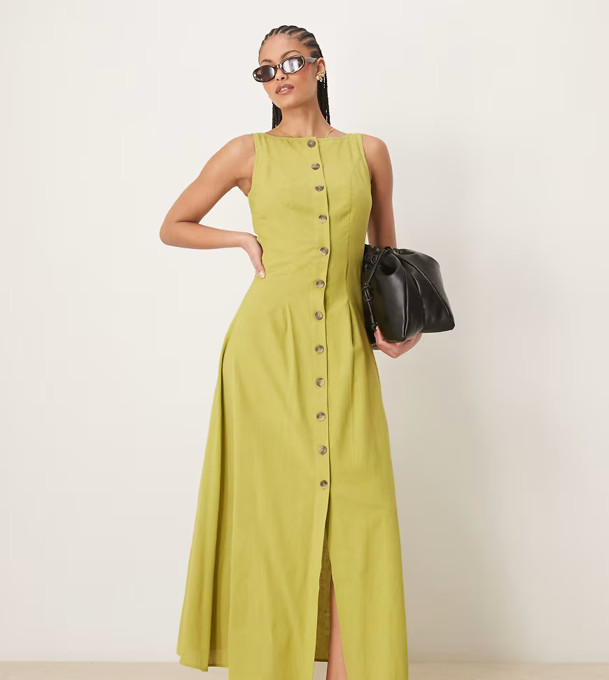 ASOS DESIGN Tall slash neck button down waistcoat maxi dress in green | ASOS (Global)