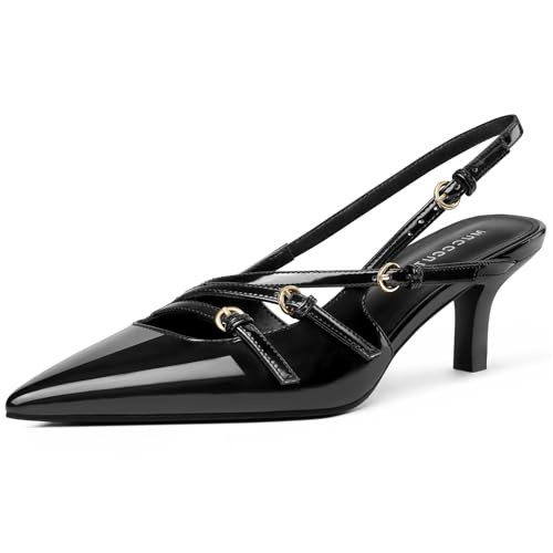 MUCCCUTE Black Kitten Heels for Women Pointed Toe Slingback Low Heels with Buckle Strap Heeled Pumps US Size 6 | Amazon (US)