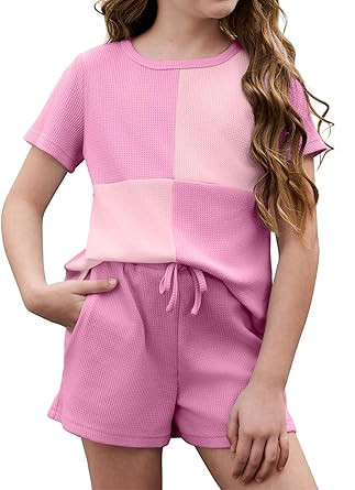 blibean Girls Summer Clothes Sets Kids Waffle Colorblock Outfits Size 6-15 Years | Amazon (US)
