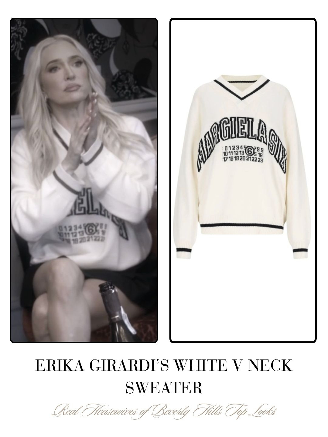 Erica Girardi's White V Neck Sweater with Black Trim 

 