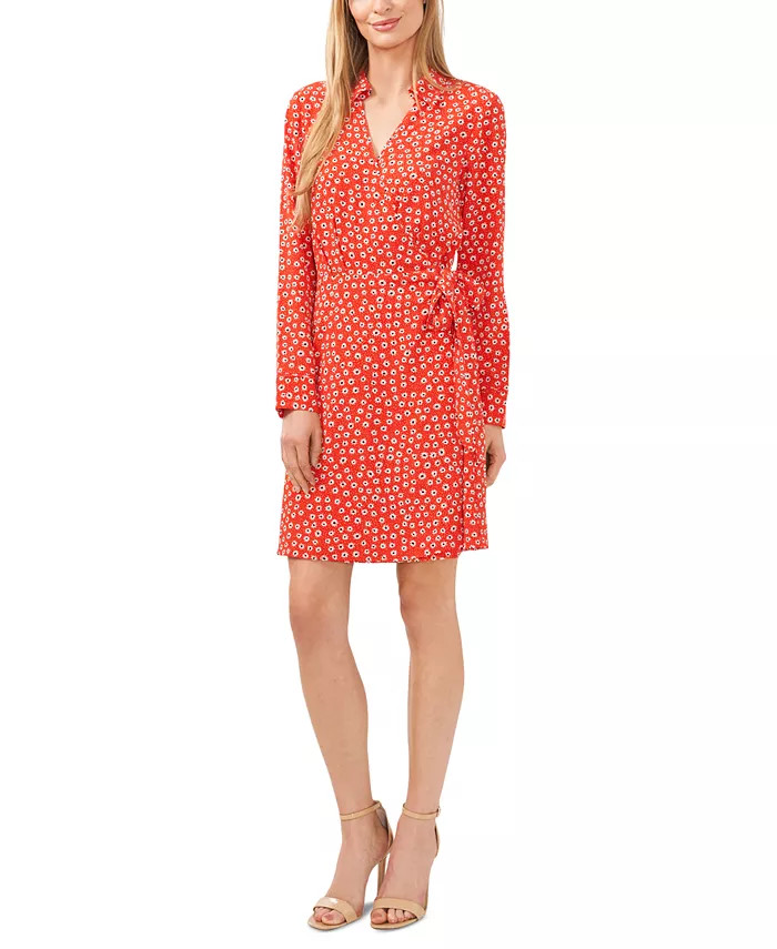 Women's Printed Collared Faux Wrap Long Sleeve Dress | Macy's