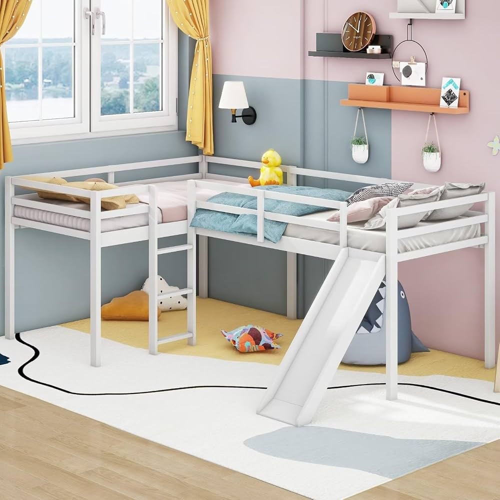 Merax Wooden Twin Size Double Loft Bed with Slide and Ladder, L-Shaped Bed Frame with Full-Length... | Amazon (US)