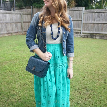 Layering up my silver tank and Kmart green broderie midi skirt with a denim jacket for autumn weather in Brisbane 💙💚

#LTKaustralia #LTKautumn #LTKbag