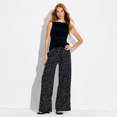 Women's Low-Rise Baggy Leg Linen Pull-On Pants - Wild Fable™ Black Polka Dots L | Target