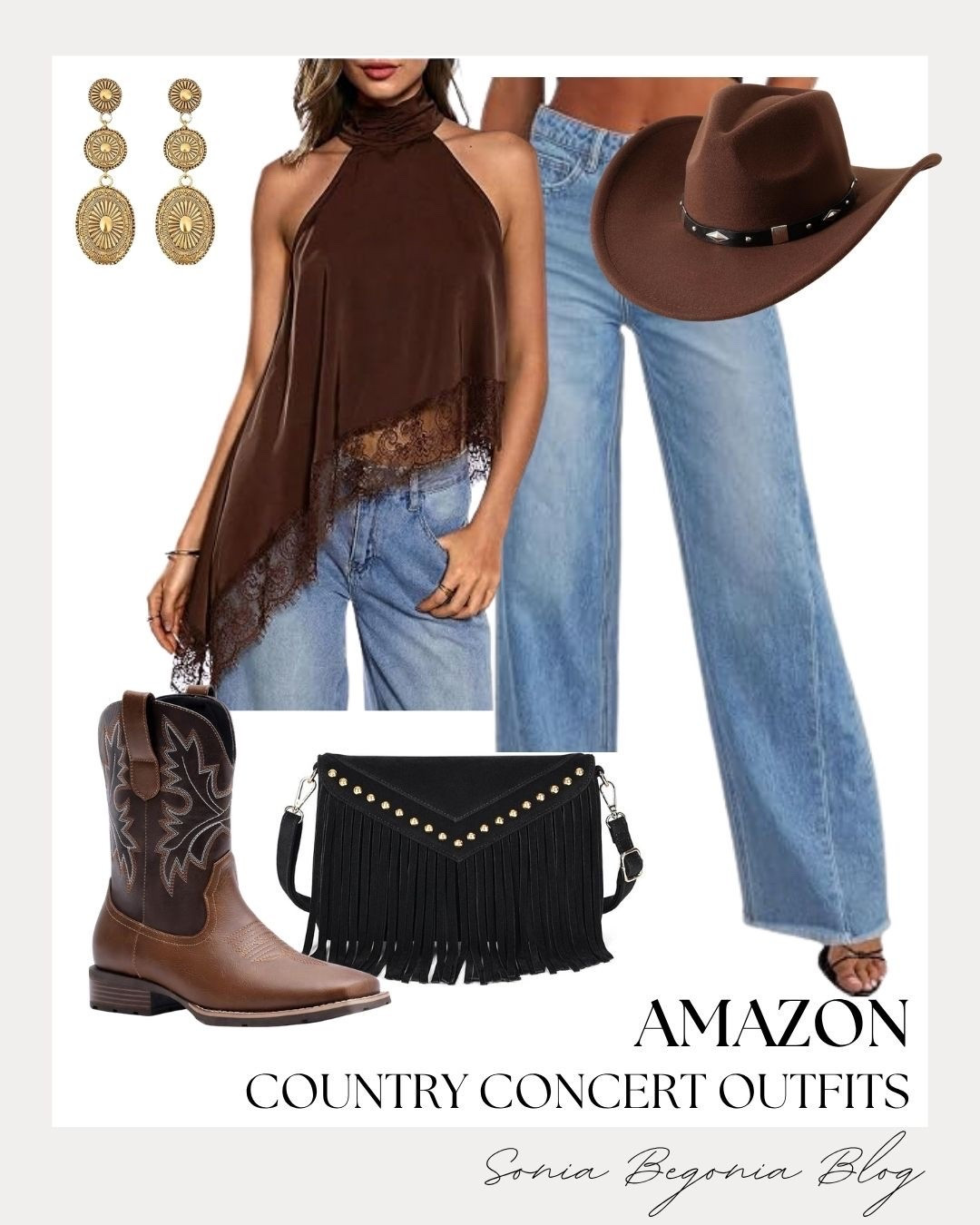 Country concert ready! 🤠
I styled this chic western look using Amazon essentials for the ultimate trendy vibe.

Featuring an asymmetrical lace-trimmed halter top, wide-leg denim, embroidered cowboy boots, a fringe crossbody, gold drop earrings, and a classic felt hat. ✨

#AmazonFashion #CountryConcert #WesternStyle #OOTD #LTKfashion #ConcertOutfit #CowboyBoots #WesternVibes #StreetStyle #OutfitInspo

#LTKootd