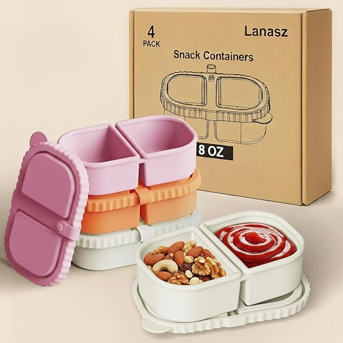 4 Sets Silicone Snack Containers with Lids, Reusable Double Compartment Plastic Container for Sau... | Amazon (US)