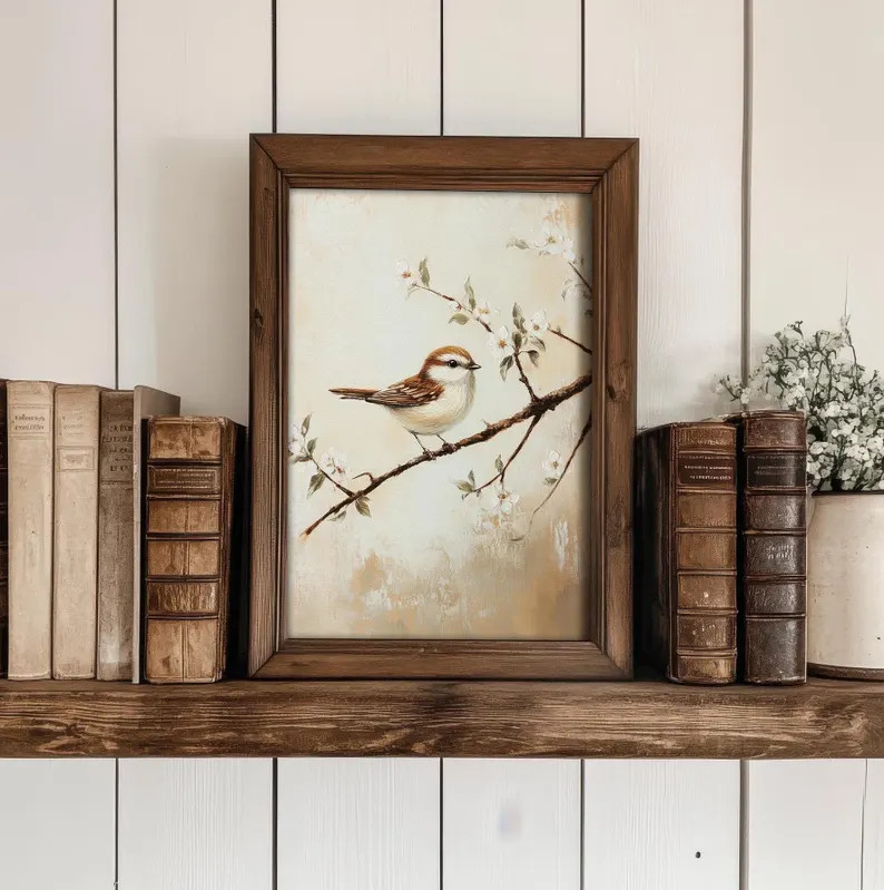 Little Bird in Spring Print Muted Vintage Style Wren Wall Art | Neutral Cottage Spring Decor | PR... | Etsy (US)