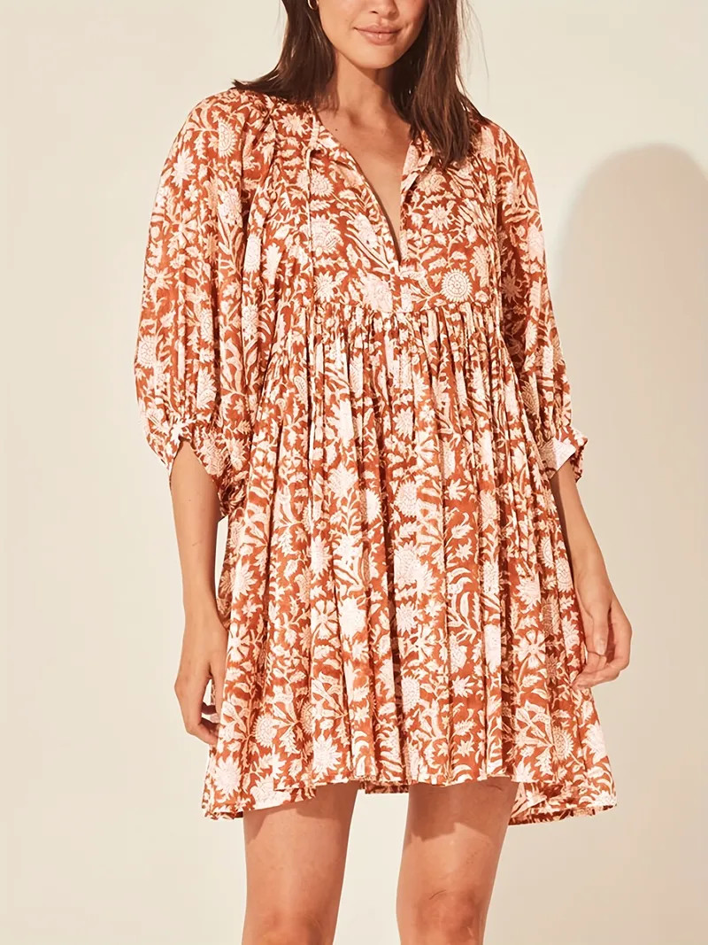 Floral Print V Neck Dress, Casual Half Sleeve Dress For Spring & Summer, Women's Clothing | Temu Affiliate Program