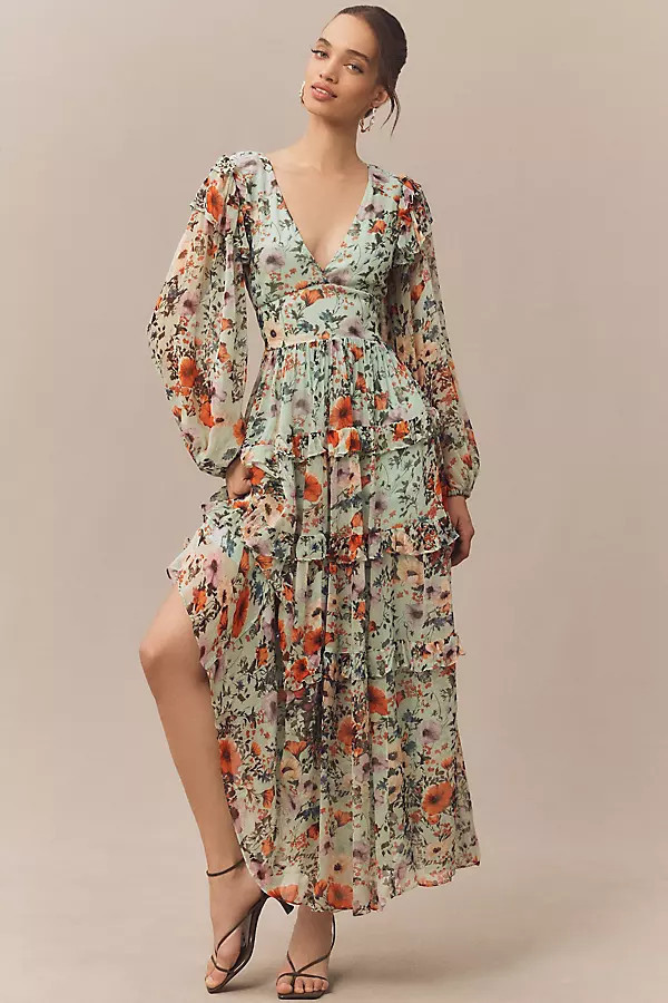 Floral Chiffon Plunge Long-Sleeve Ruffle Maxi Dress | Anthropologie (US)
