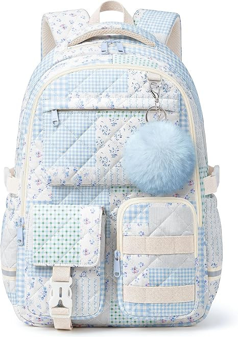Quilted Backpack for Teen Girls,Cute Blue Patchwork School Backpack with Multi-Pocket Design,Ligh... | Amazon (US)