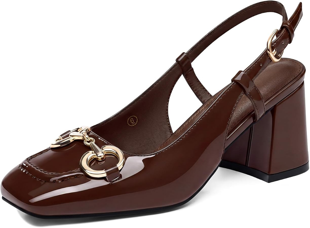 Womens Slingback Block Heels Closed Square Toe Dress Work Shoes Slip on Buckle Strap Business Pum... | Amazon (US)