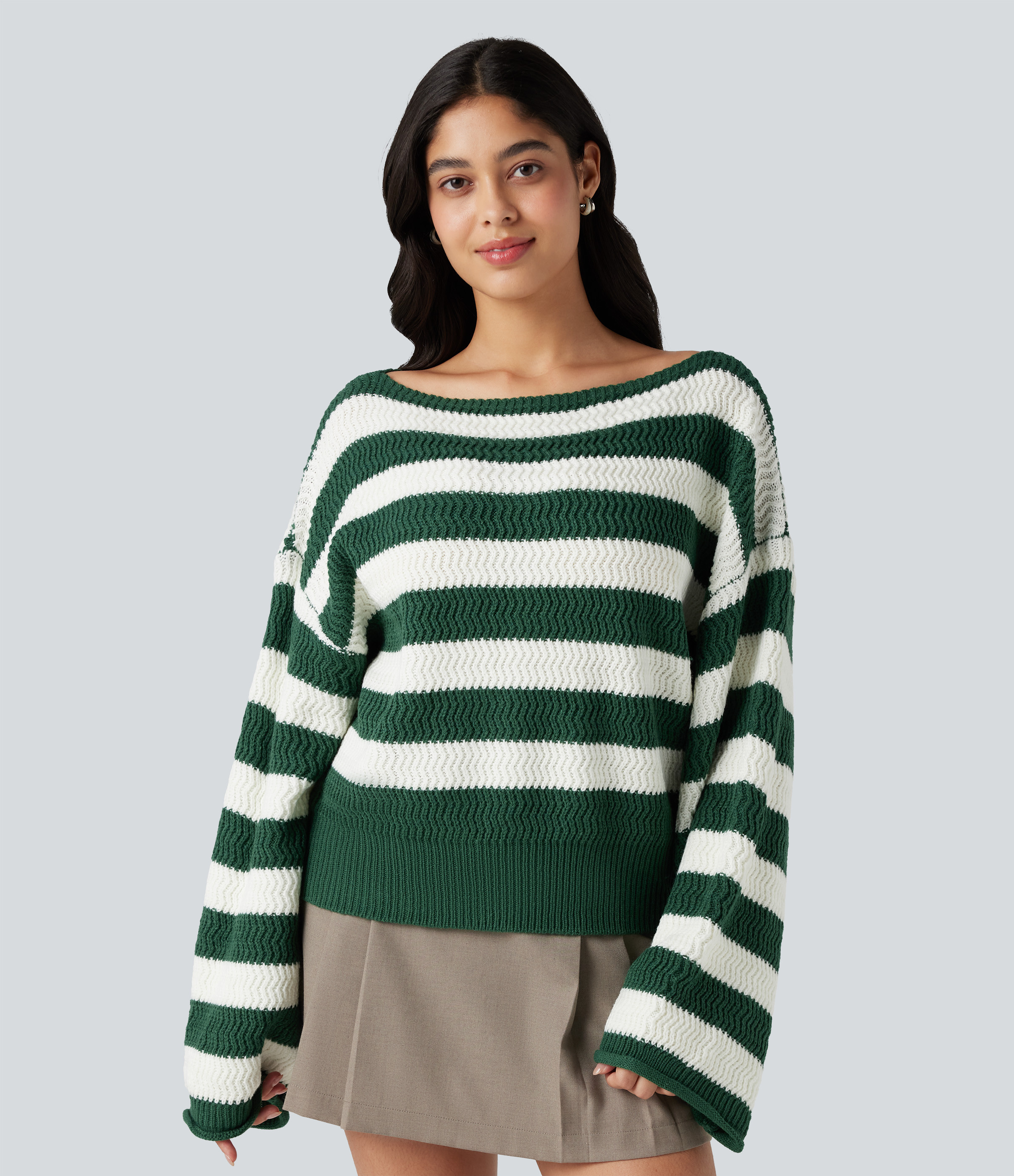Boat Neck Long Sleeve Striped Relaxed Casual Sweater | HALARA