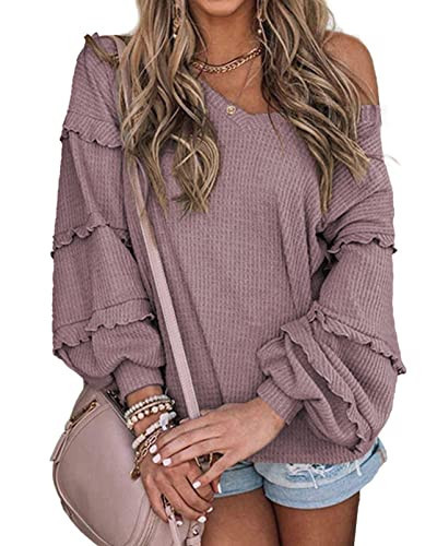 BTFBM Women’s V Neck Long Sleeve Blouse Loose Fit Tunics Ruffles Off Shoulder Waffle Knit Solid Color Tops Fall Tee Shirts（Solid Light Purple,Medium | Amazon (US)