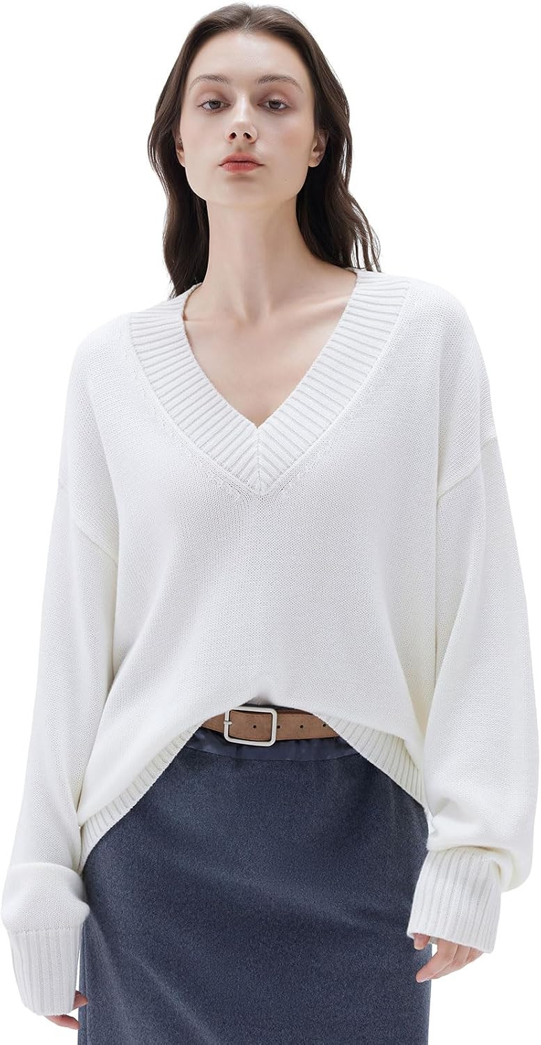 SUUKSESS Women Cashmere Blend Oversized Sweater V Neck Long Sleeve Pullover | Amazon (US)
