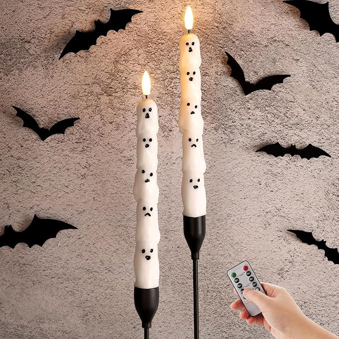 White Ghost Halloween Flameless Taper Candles with Remote Set of 2 | Spooky Flickering LED Wax Ca... | Amazon (US)