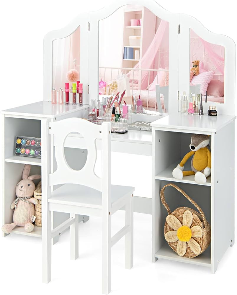 INFANS Kids Vanity, 2 in 1 Princess Makeup Desk & Chair Set with Tri-Folding Detachable Mirror, L... | Amazon (US)