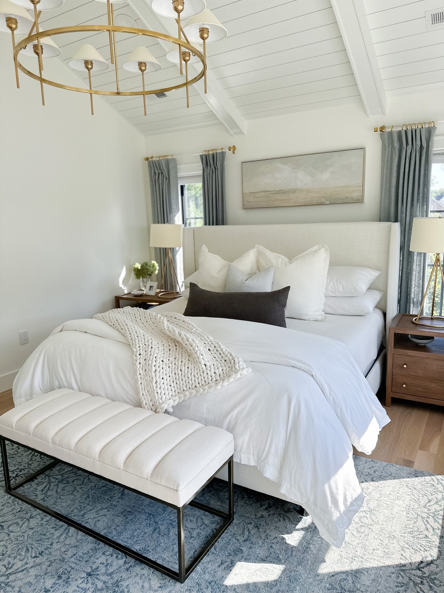 Get the look! Our bedroom white upholstered bed frame is available on Wayfair and Joss and Main (we have a king size in Zuma White). Linking our bed frame and similar white and cream beds for all budgets from Pottery Barn, Walmart, Wayfair, and Overstock. 