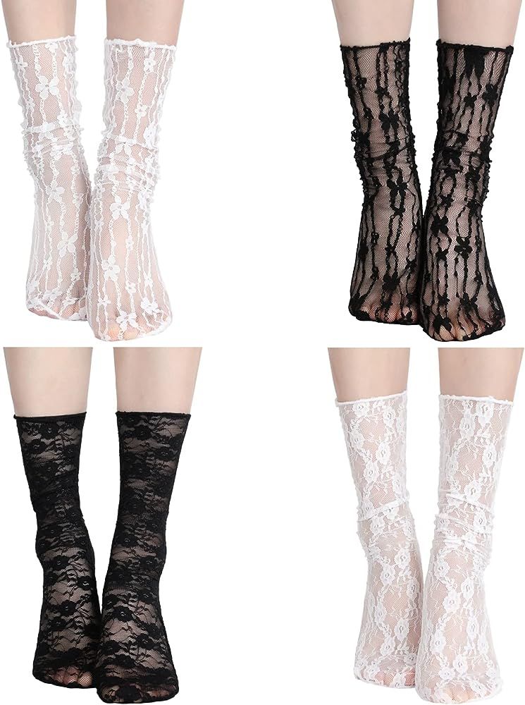 Geyoga 4 Pairs Women's Lace Ankle Socks Ruffle Frilly Socks Mesh Lace Loose Socks Slouch Socks An... | Amazon (US)