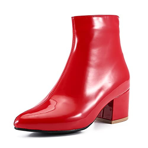 LIURUIJIA Womens Pointed Toe Ankle Boots Mid Chunky Heel Side Zipper Lined Fall Winter Fashion Boots Red 40 US 8 | Amazon (US)
