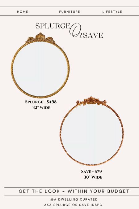 Splurge or save. Primrose mirror . Brass mirror round. Gold mirror round. 

#LTKsalealert #LTKhome