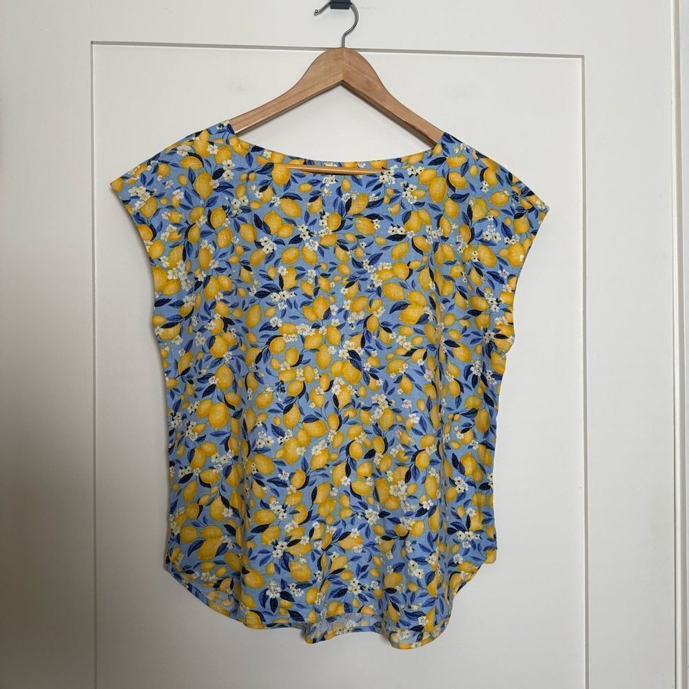 Ann Taylor Top\u205fWomens Sz M Tall Blue Yellow Lemon Print Sleeveless Linen Blend | Poshmark