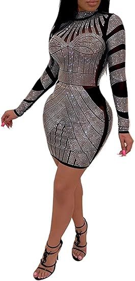 Women Long Sleeve Birthday Dresses Sexy hot Diamond Process Sexy Dress Party Club Night Dress… | Amazon (US)