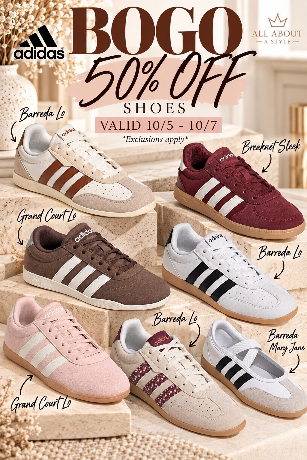 Your Adidas era just got 50% better. 👟🤎

Okayyy, this is one shoe sale worth knowing about. 👀

DSW is doing BOGO 50% OFF shoes through 10/7, and these Adidas are some of my favorite finds. From the neutral classics to the burgundy, pink and Mary Janes… there are SO many good ones right now.

Buy one pair, get your second qualifying pair 50% off. Exclusions apply.

Which pairs are you grabbing? 👟

Follow my shop @allaboutastyle on the @shop.LTK app to shop this post and get my exclusive app-only content!

#fashion #burgandy #casualluxury
#liketkit @shop.Itk

#AdidasStyle #AdidasSneakers #SneakerStyle #FallShoes #FallFashionFinds #DSWFinds #ShoeSale #AffordableStyle #TimelessStyle #AllAboutAStyle