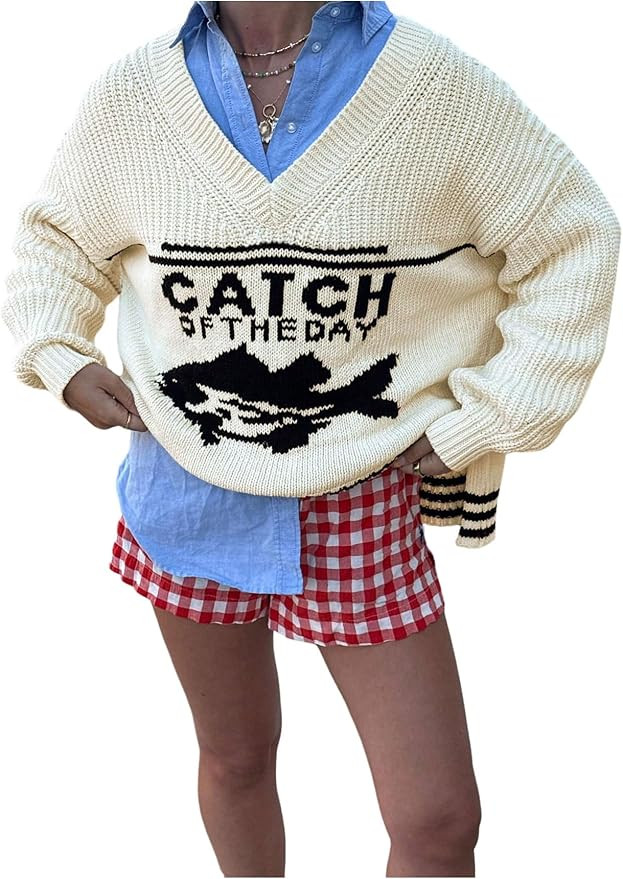 Women's Crochet Sweaters Graphic Jumpers V Neck Long Sleeve Pullover Sweaters | Amazon (US)