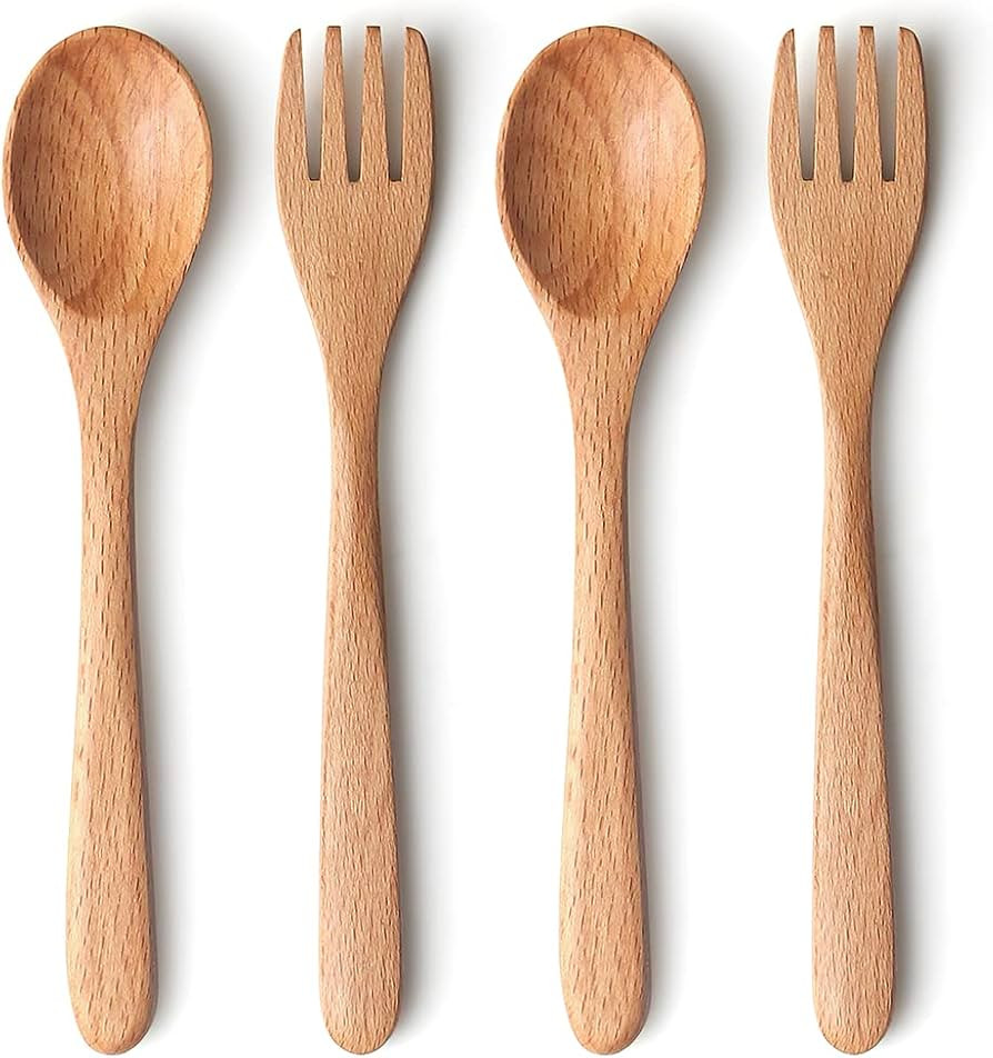 YFWOOD 4-Pieces Natural Wooden Children's Safe Flatware, 2 x Child Forks, 2 x Children Spoons, Ki... | Amazon (US)
