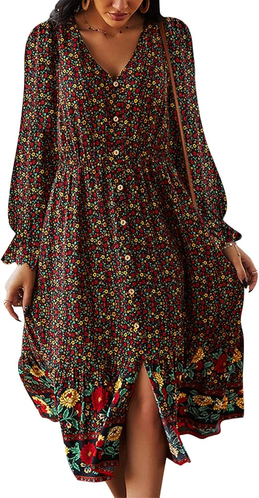 TEMOFON Women Dress Long Sleeve/Sleeveless Floral Bohemian V Neck Summer Button Down Flowy Dresse... | Amazon (US)