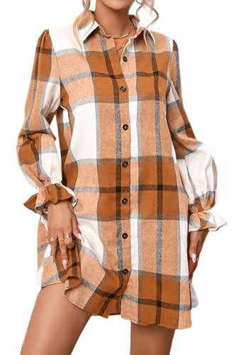 dsumvns Womens Plaid Button Up Dress Lapel Collared Neck Long Sleeve Casual Loose Fall Checkered Mini Shirt Dresses | Amazon (US)