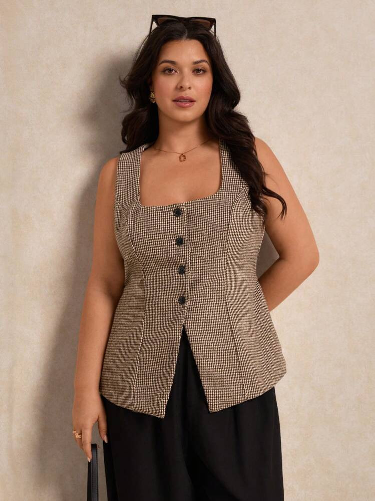 Elaquor Plus Size Boho Front Button Sleeveless Minimalist Casual Blouse, For Summer | SHEIN