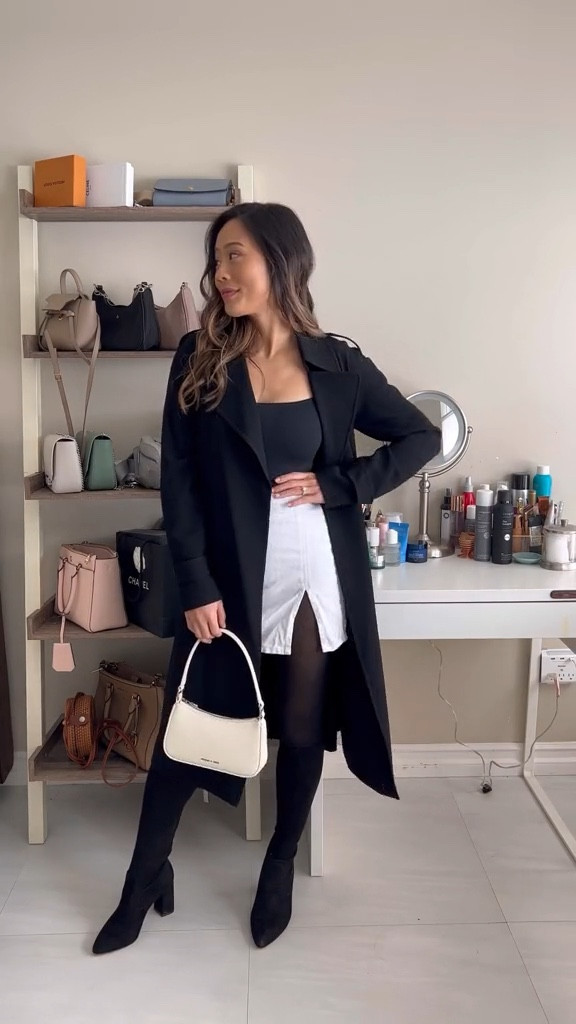 Chic outfit, minimalist outfit, white miniskirt, black trench coat, black knee high boots 

#LTKstyletip