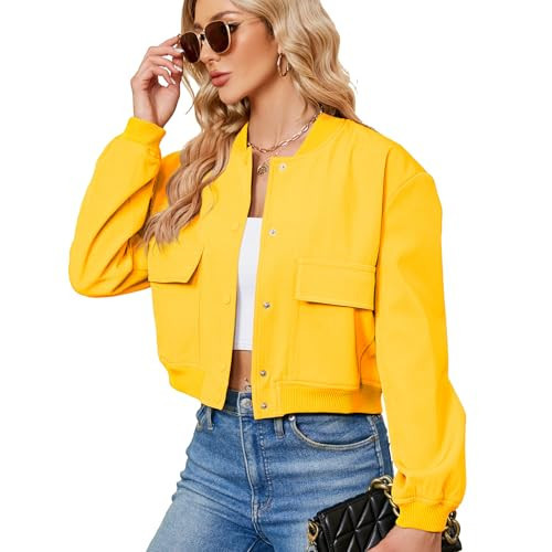 Zando Yellow Spring Jackets for Women 2026 - Bomber Jackets for Women Button Down Cropped Jacket Womens with Pockets Long Sleeve Varsity Jacket Womens for Daily Outdoor Travel Party School Yellow L | Amazon (US)