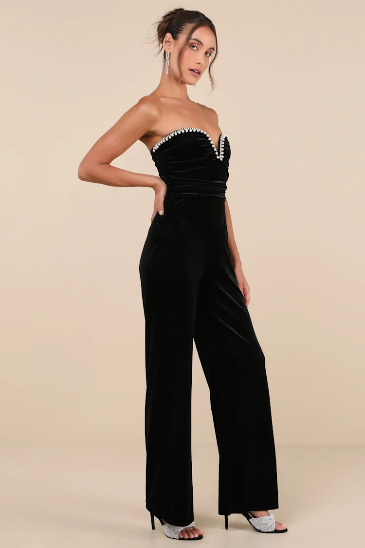 Fabulous Instinct Black Velvet Pearl Strapless Jumpsuit | Lulus