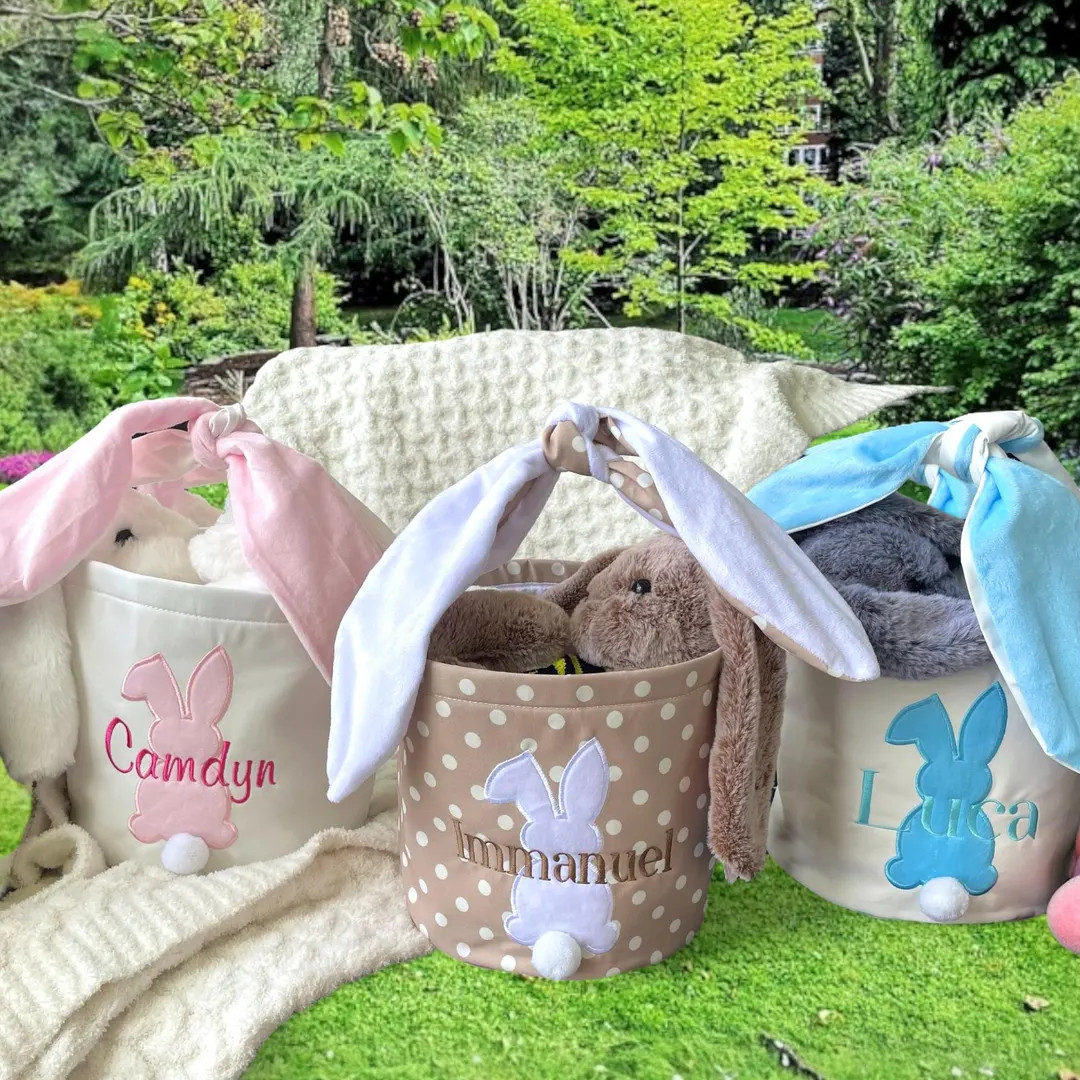 Seersucker Easter Basket, Embroidered Easter Basket with name, Personalized Easter Bucket, Egg Hu... | Etsy (US)