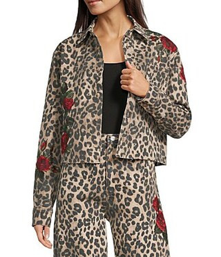 Driftwood Dani Coordinating Stretch Denim Leopard Print Point Collar Long Sleeve Floral Embroidered Jacket - S | Dillard's