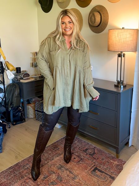 The perfect shirt dress. Love how flowy it is! I’m in my true size large. Runs big. I sized up in my spanx. Boots run tts + come in wide calf. 

#LTKSeasonal #LTKHoliday #LTKstyletip