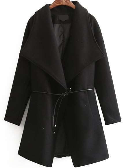 Lapel Edge Pockets Woolen Black Coat | ROMWE