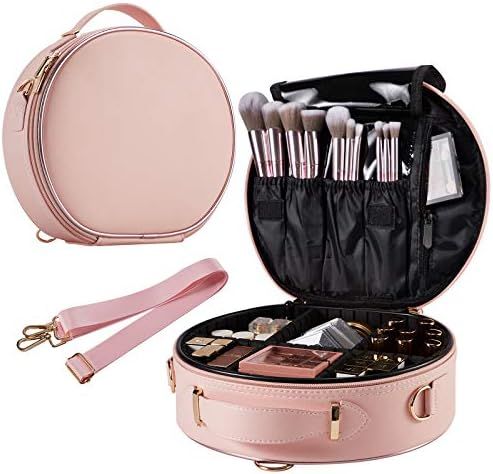 Round Makeup Bag Portable Travel Makeup Train Case PU Leather Cosmetic Storage Organizer for Girl... | Amazon (US)