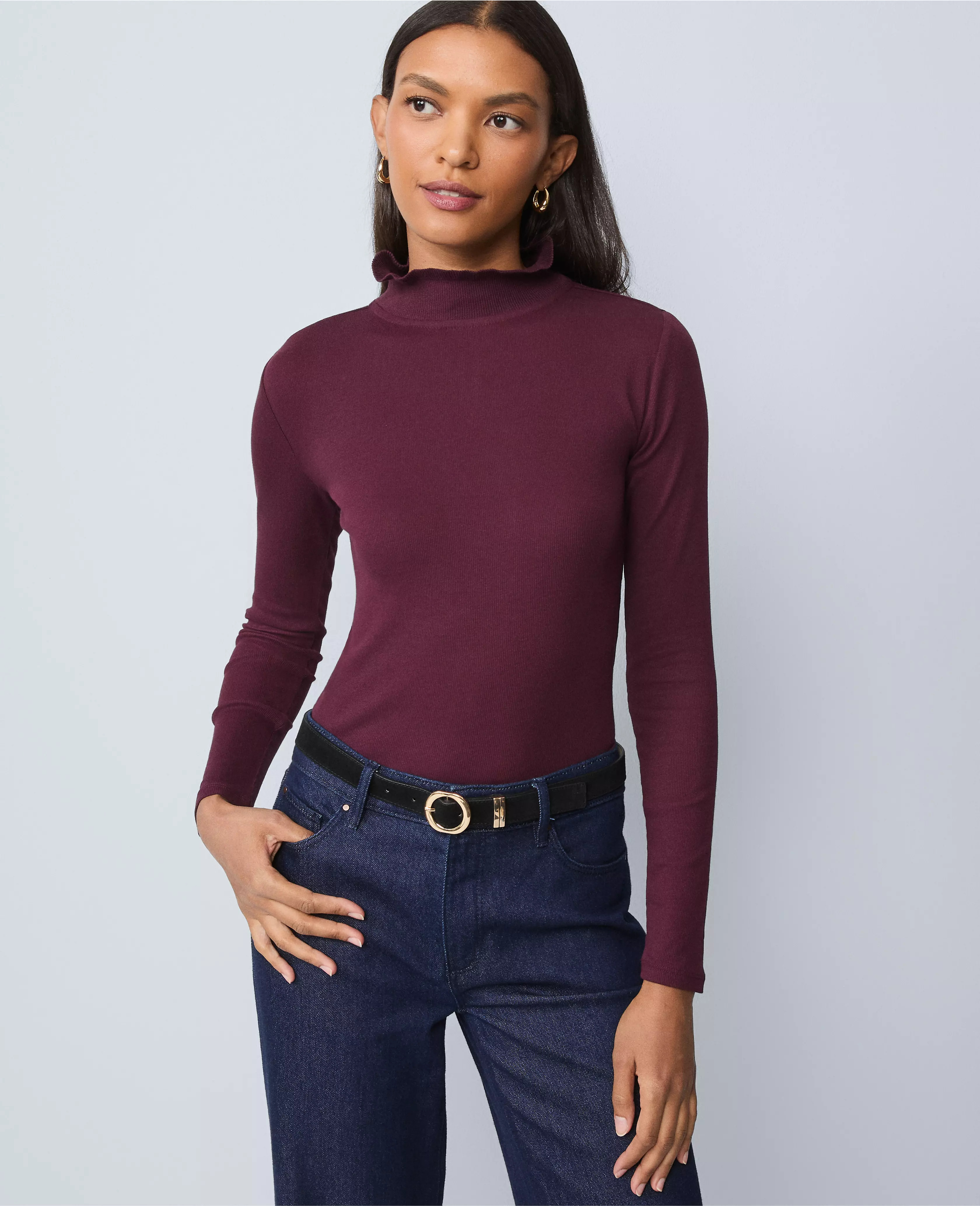 Weekend Collection Ruffle Mock Neck Top | Ann Taylor